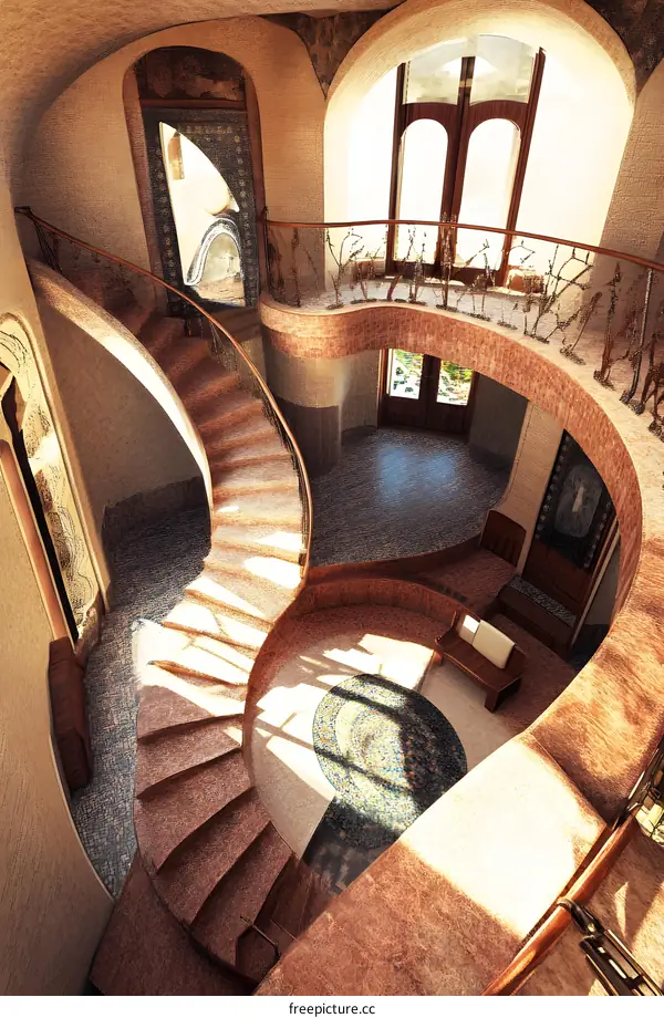 Spiral Staircase in a Modernist Home with Mosaic Floors