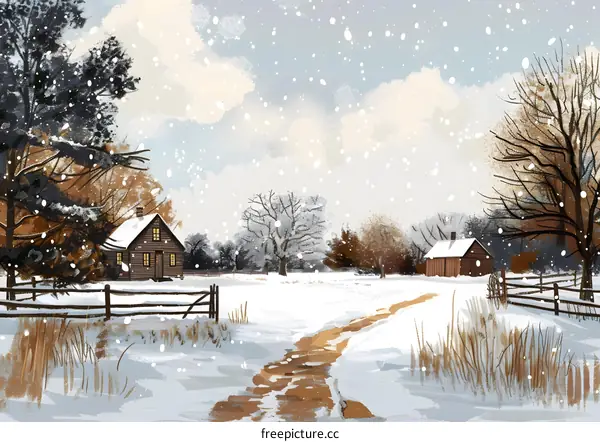 Snowy Winter Farmhouse Landscape
