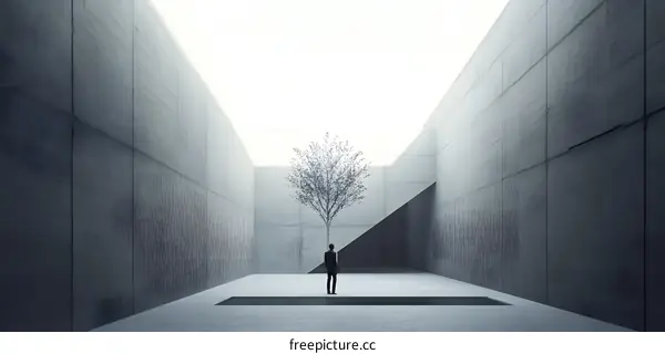 Minimalist Concrete Courtyard with a Single Tree and a Person