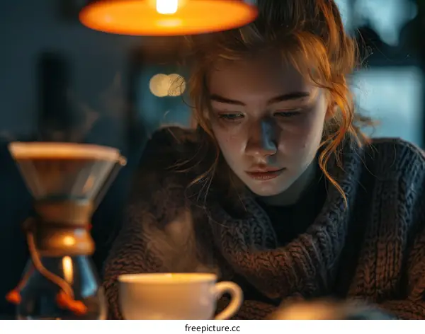 pensive young woman looking at coffee cup