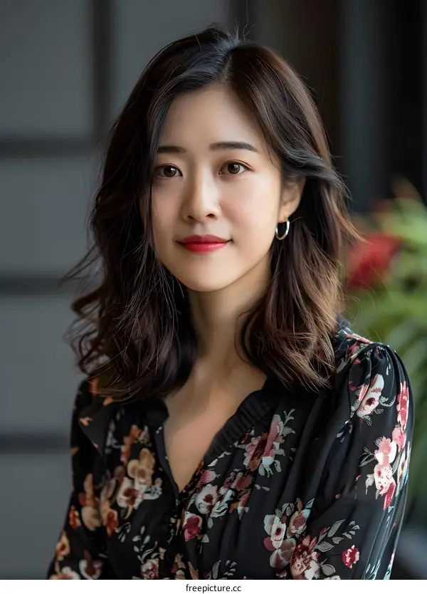 Portrait of a Young Asian Woman with Long Brown Hair and a Floral Dress