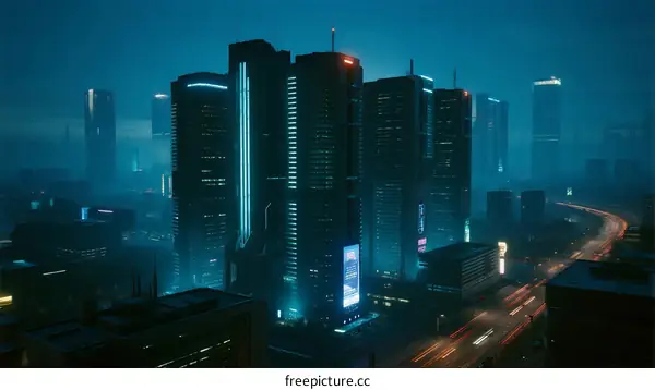Modern Cityscape with Tall Skyscrapers at Night