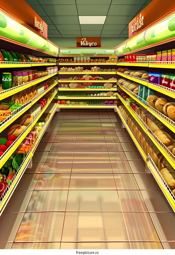 Grocery Store Interior with Shelves Full of Products