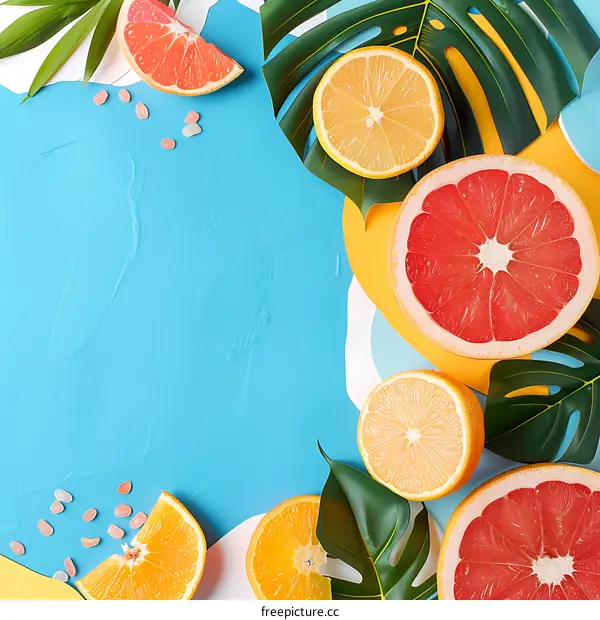 Fresh Summer Fruit on Blue Background with Tropical Leaves