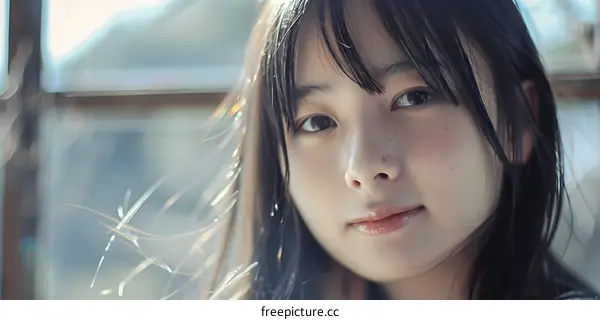 Beautiful Japanese Woman with Long Black Hair and Freckles Looking at Camera