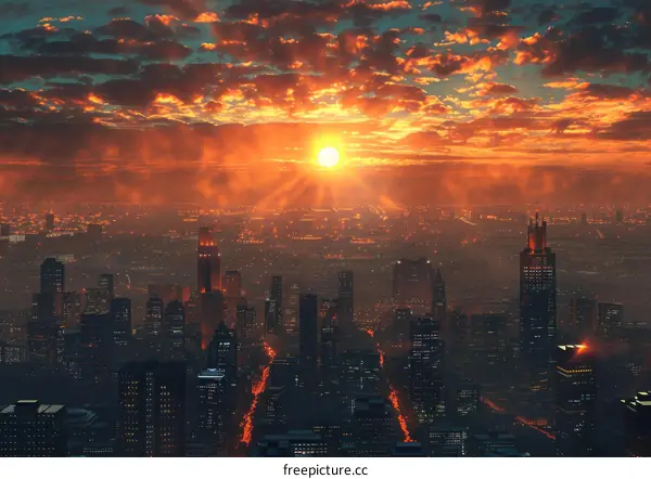 Fiery Sunset Over a Futuristic Cityscape