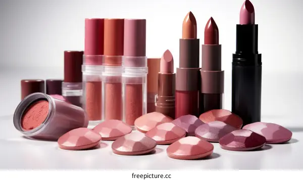 Various shades of lipsticks and blush on a white background