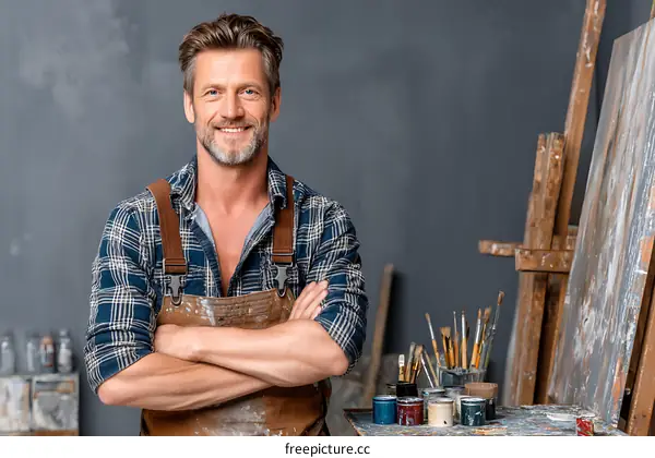 Artist in his Studio with Creative Tools