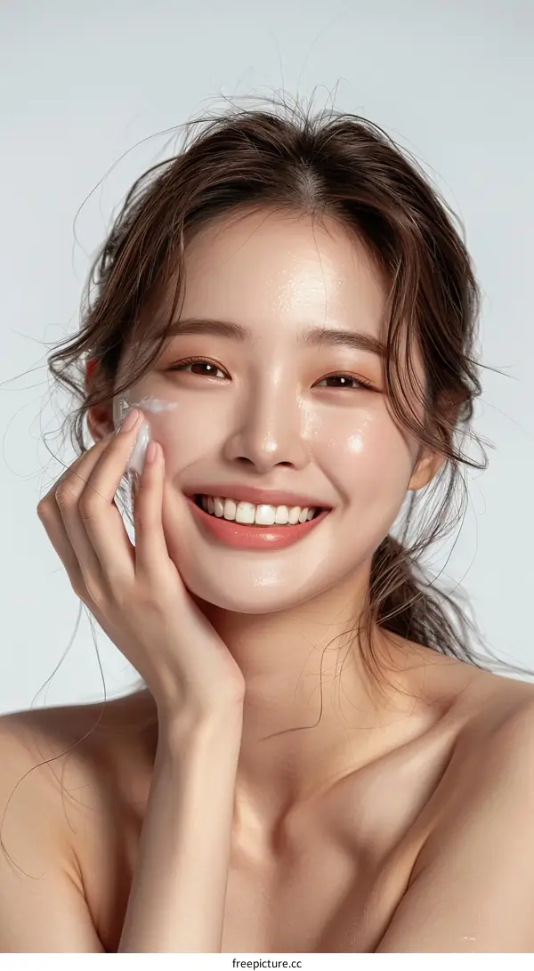 Asian woman applying moisturizer to her face