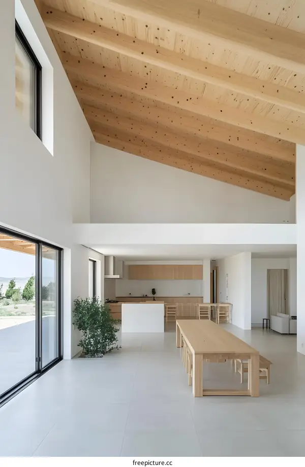 Modern Minimalist Home Interior Design with Wooden Beams and Large Windows