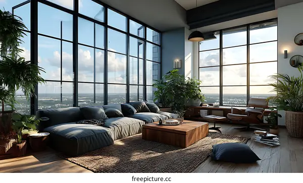 Modern Urban Loft Living Room with Panoramic Views