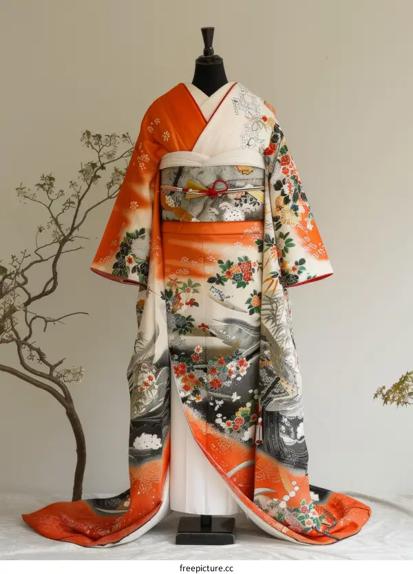 A woman wearing a traditional Japanese wedding kimono