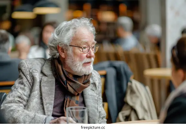 An old man is sitting in a restaurant talking to someone