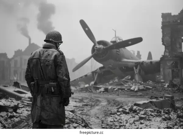 A soldier stands in front of a destroyed plane in a war zone