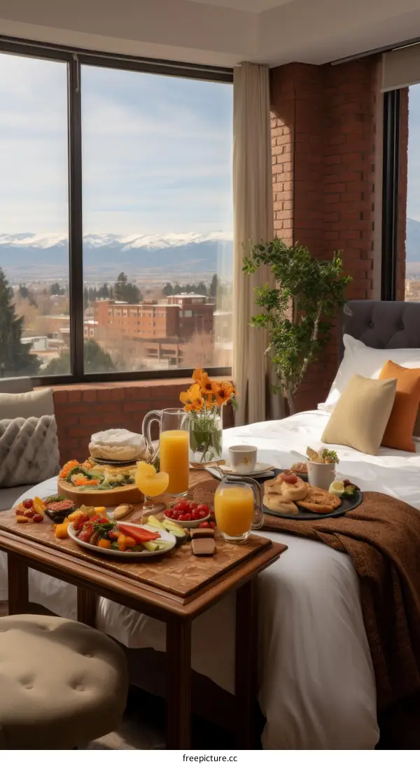 Mountain View Breakfast Spread in a Cozy Hotel Room