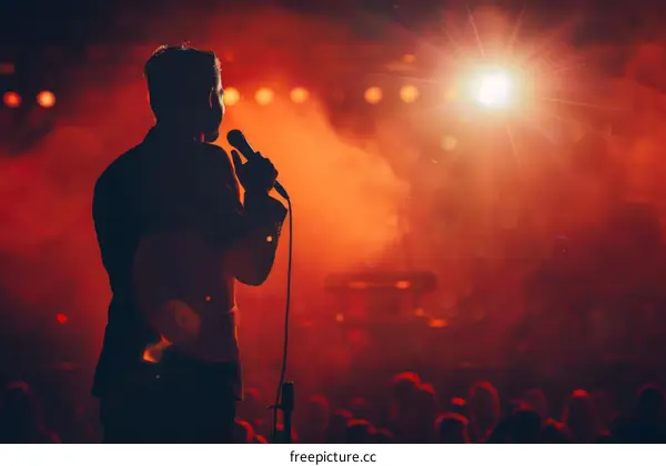 Male singer performing on stage with bright lights in the background