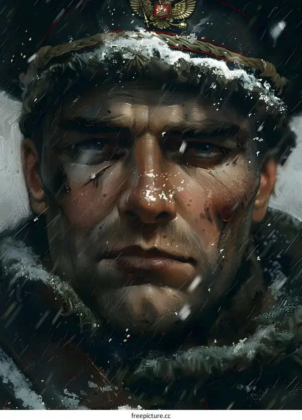 Portrait of a Russian soldier in the snow