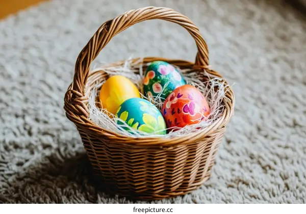 Colorful Easter Eggs in a Wicker Basket