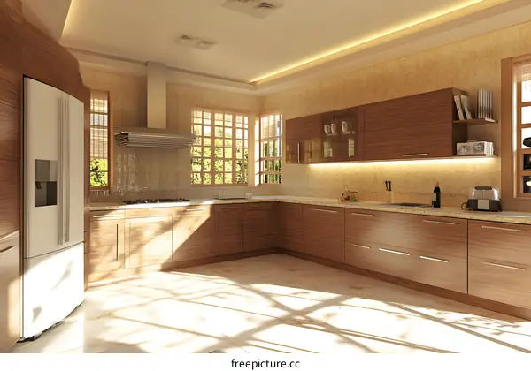 Modern Kitchen Interior Design With Wood Cabinets And White Appliances