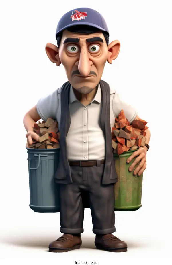 Man Carrying Two Buckets of Bricks Cartoon