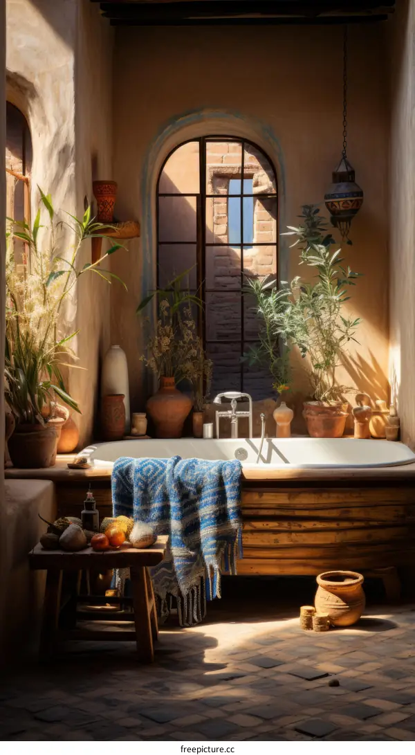 Bathroom with a large bathtub and a lot of plants
