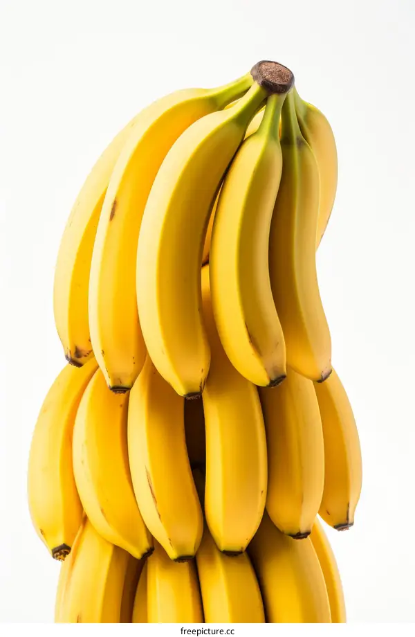 A large bunch of yellow bananas against a white background