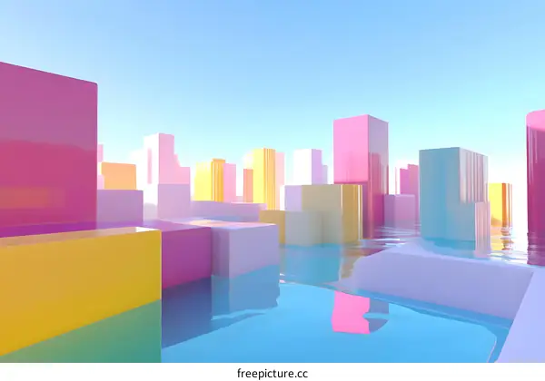 Abstract Colorful Cityscape with Water Reflection