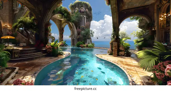 fantasy castle terrace with pool and sea view