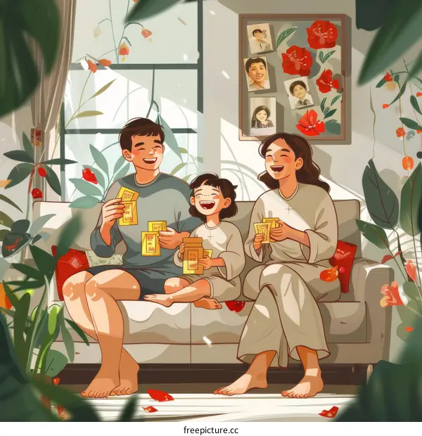 A family of three is sitting on the couch and opening red envelopes.