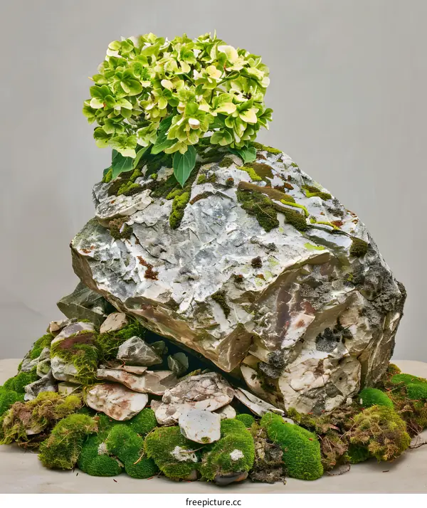 Green Hydrangea Flowers on a Large Rock
