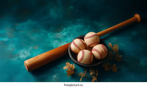 Vintage Baseball Bat and Balls on Teal Background