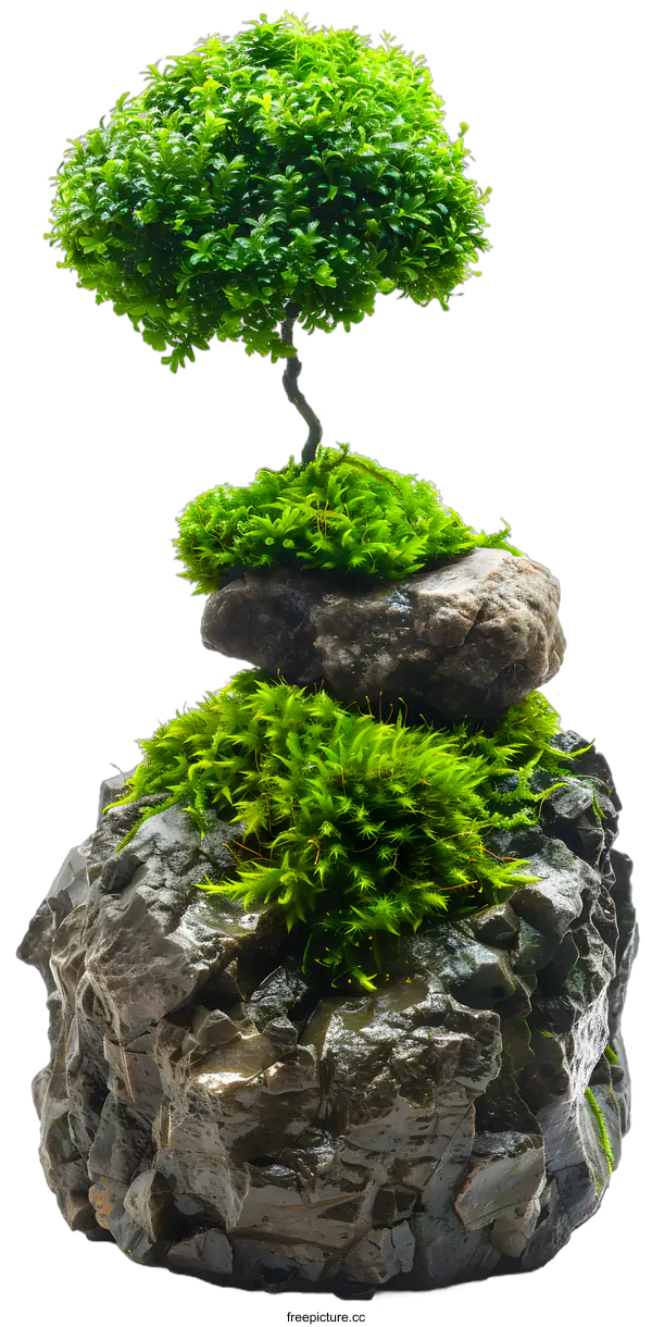 [Transparent Background PNG]Green Bonsai Tree on Rocks with Moss