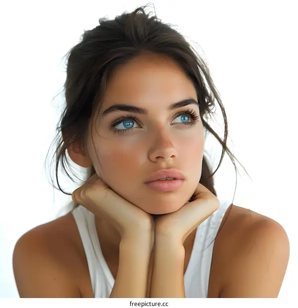 portrait of a beautiful young woman with blue eyes and brown hair