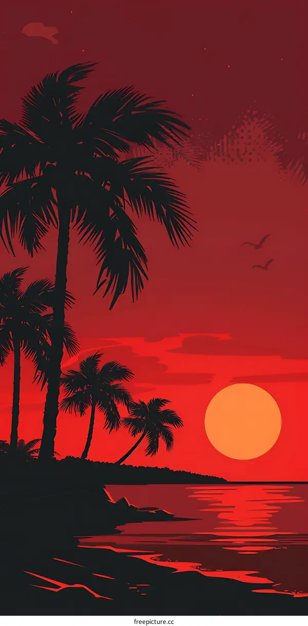 Red Sunset Palm Trees Illustration