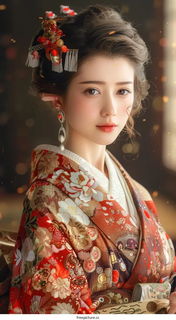 Portrait of a beautiful Asian woman in traditional Japanese kimono