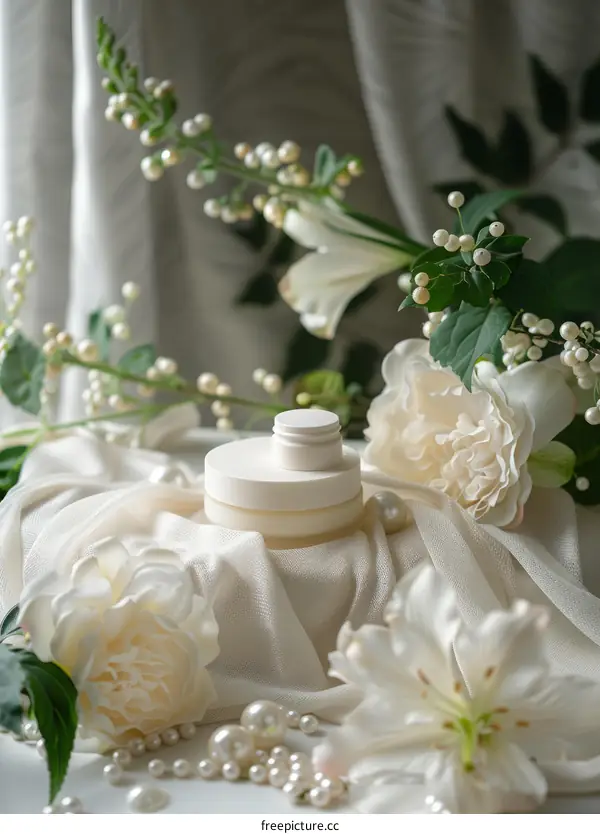 Elegant White Flowers and Cream on Luxurious Silk