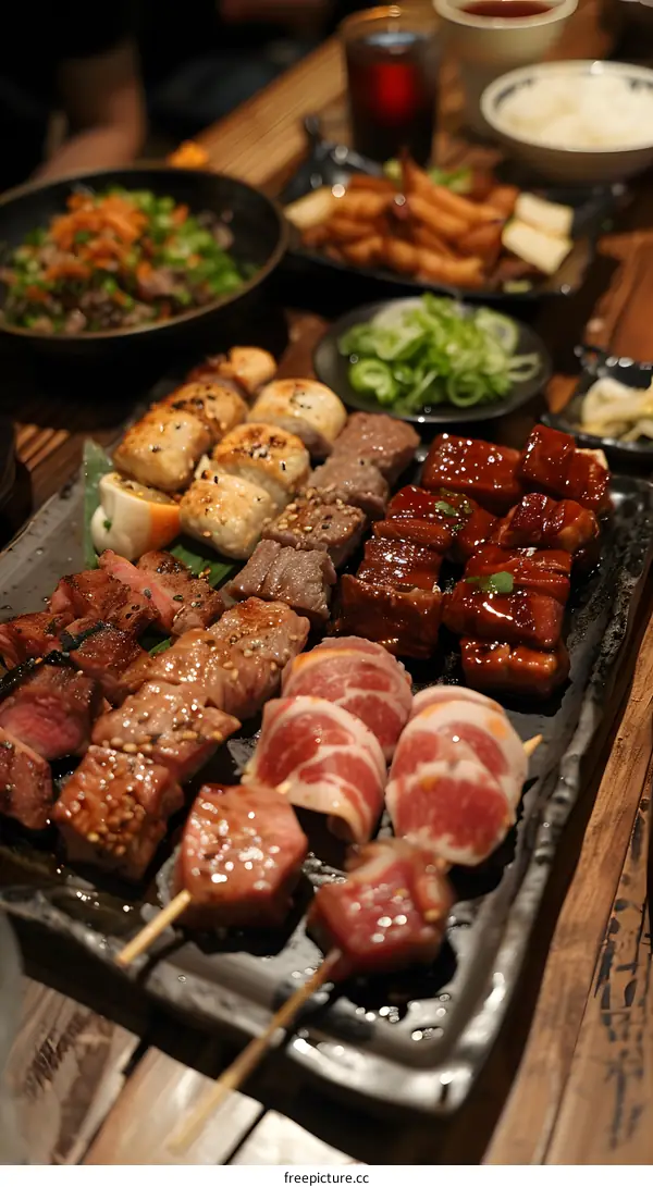 Grilled meat and seafood skewers on a plate
