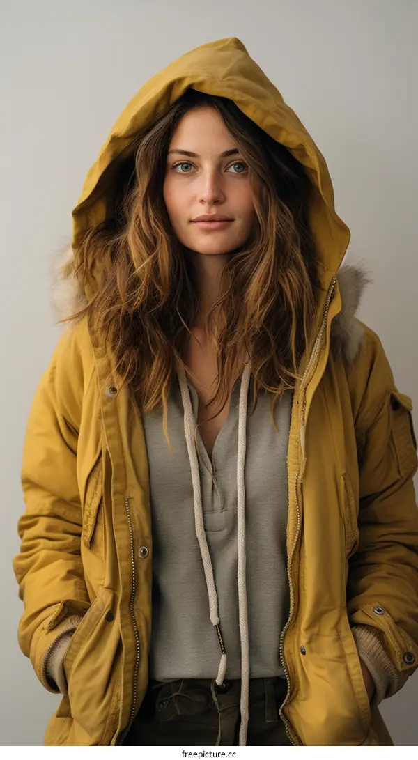 portrait of a young woman in a yellow hooded coat