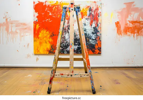 Wooden Art Easel with Abstract Painting and Splashes of Paint