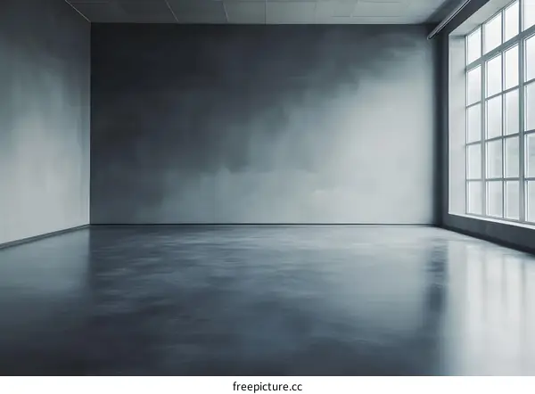 Empty Room with Large Window and Grey Concrete Walls