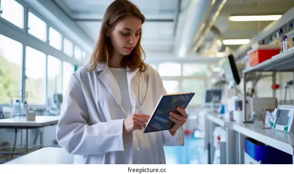 Caucasian female scientist wearing lab coat and stethoscope uses a digital tablet in a laboratory