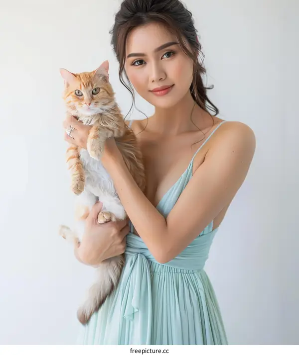 Asian woman with long brown hair and blue eyes holding an orange cat