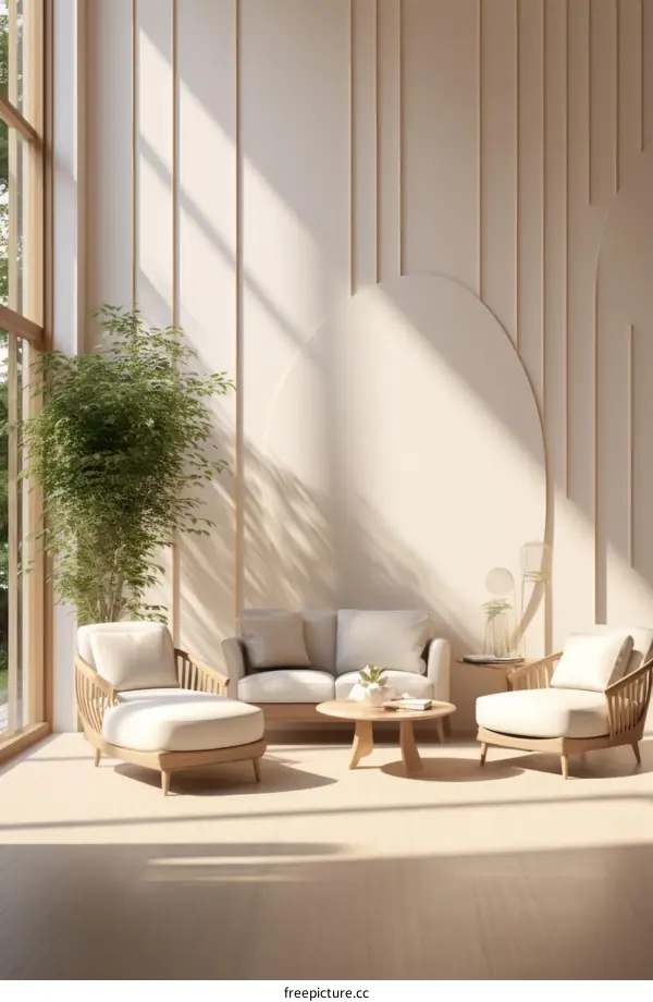 Airy living room with large windows and a minimalist design