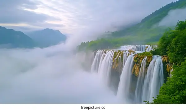 Majestic Waterfall Cascading Through Misty Mountains