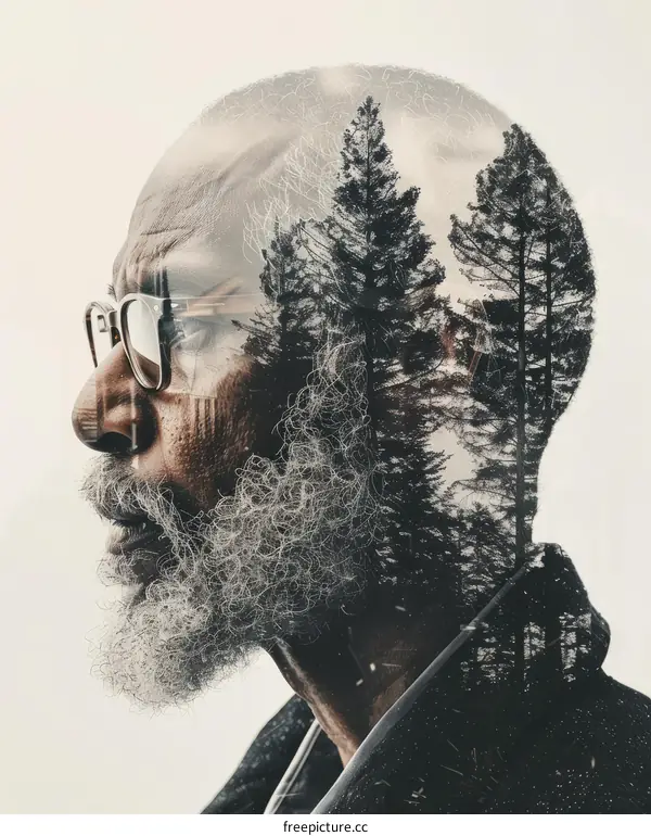 Black and white portrait of a man with a beard with a double exposure of pine trees