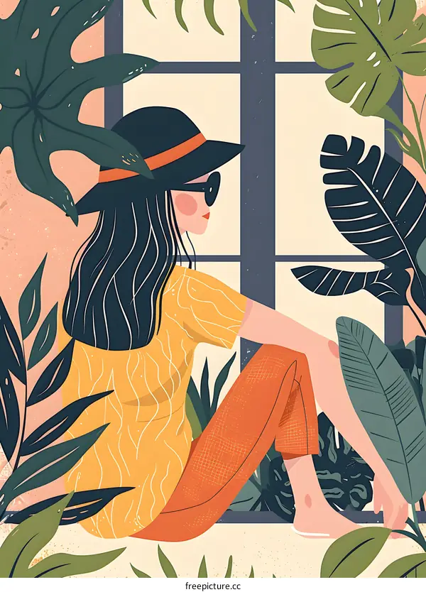 Woman Sitting by Window with Tropical Plants