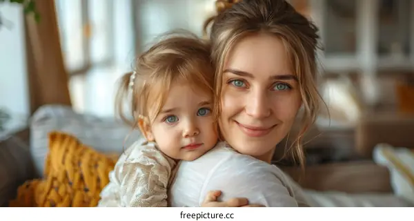 A mother is hugging her daughter. The daughter is smiling.