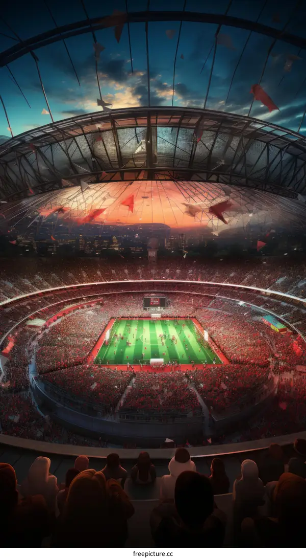 A packed stadium of spectators watch a football match