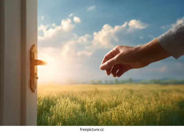 Hand Reaching Through Open Door to a Field