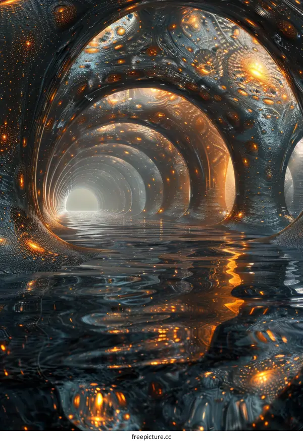 Futuristic Tunnel with Water and Light